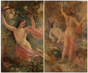Reverie Parmi Les Fleurs, Jeune Femme Cueillant Des Fruits (2 Works) by Henry Paul Perrault