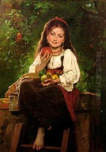 Young Girl Seated On A Stone Ledge With Apples