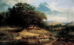 A Pastoral Landscape With Cattle In The Foreground And A Village In The Distance