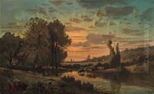 Herder And Cattle Fording A Stream