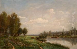 Weite Flusslandschaft Mit Hirtinnen Und Vieh