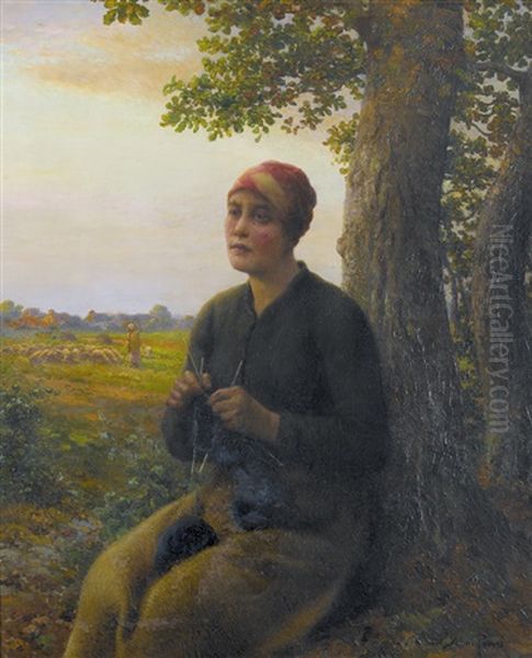 Strickende Bauerin Im Abendrot - view 1