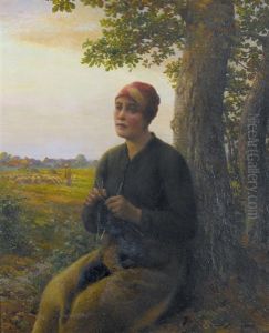 Strickende Bauerin Im Abendrot