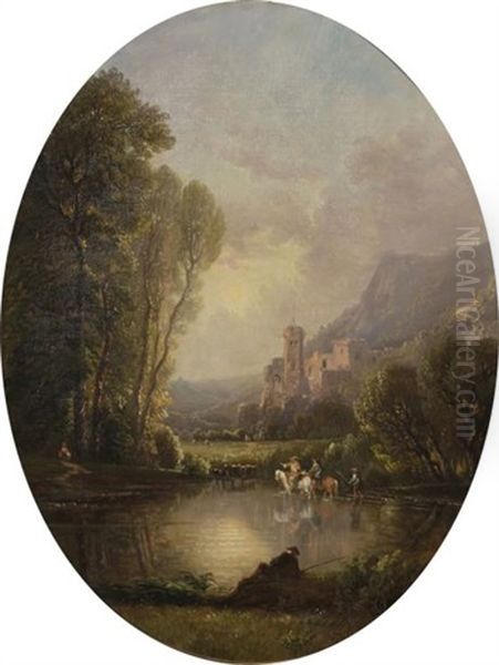 Cavalier Traversant Un Cours D'eau, Chateau En Arriere Plan - view 1