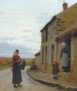 En Ung Tiggerske Og Hendes Barn Far Brod Ved Et Hus by Aime Perret