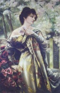 Portrait Of A Lady Standing Beneath A Blossom Tree by Aime Perret