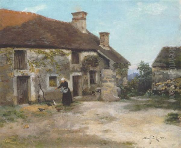 Feeding The Chickens By The Farmhouse - view 1