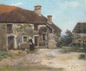 Feeding The Chickens By The Farmhouse