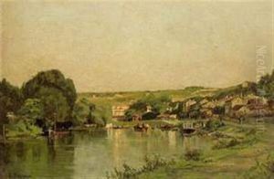 Peniches Sur La Riviere by Georges Leon Alfred Perrichon