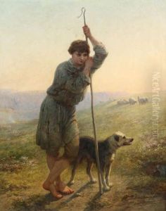 Jeune Berger Avec Chien Et Moutons Sur Un Cliff En Angleterre Au Coucher De Soleil by Alfred Feyen Perrin