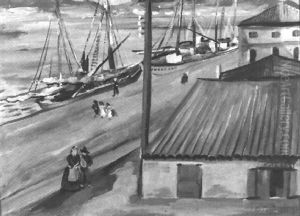 Hafenpromenade Mit Flaneuren Und Vertauten Segelschiffen