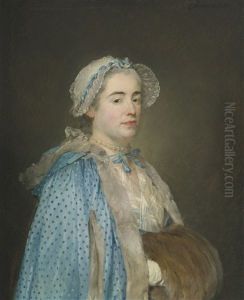 Portrait Of Lady, Probably Madame Blondel D'azincourt, Dressed In A Blue Polka Dot Cape And Fur Muff by Jean-Baptiste Perronneau