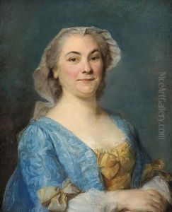 Portrait De Dame A La Robe Bleue En Buste Vue De Face Et Portant Un Fichu De Dentelle by Jean-Baptiste Perronneau