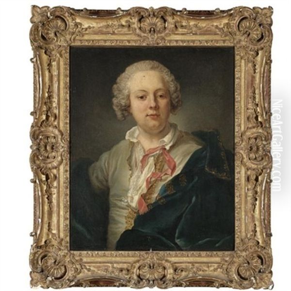Portrait Of A Gentleman, Half Length, With A Blue Tunic Draped Over His Left Shoulder And A Red Ribbon Tied To His Collar - view 1