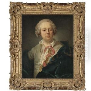 Portrait Of A Gentleman, Half Length, With A Blue Tunic Draped Over His Left Shoulder And A Red Ribbon Tied To His Collar by Jean-Baptiste Perronneau
