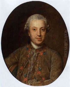 A Portrait Of A Man Wearing A Green Coat Embroidered With Flowers And A Wig