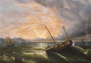 Embarcations Au Soleil Couchant by Ferdinand Victor Perrot