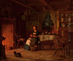 Girl Peeling Fruit Before A Fire by Enoch Wood Perry