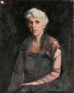 Seated Woman In Black Wearing A Double Strand Of Pearls