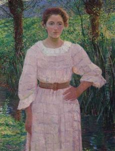 By The Brook, Giverny, France (woman In Pink Dress)