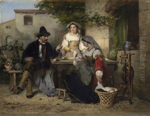Ungarische Handwerkerfamilie Bei Der Arbeit Vor Dem Hause