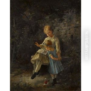 Zwei Madchen Mit Lekture Und Spielzeuggefahrt by Franz Von Persoglia