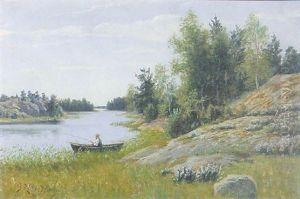 Insjolandskap Med Fiskare I Bat by Peter Adolf Persson