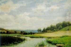 Skanskt Landskap Med Stenbro Over A Samt Gardar, I Forgrunden Blommande Nackrosor by Peter Adolf Persson