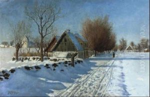 Vintermotiv Fran Glumsl"v Med Promenerande Kvinna Vintermotiv Fran Glumsl"v Med Promenerande Kvinna