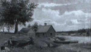 Landskapsbild Med Stugor Och Man Som Tj,rar B+t by Peter Adolf Persson