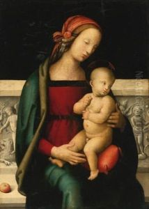 The Madonna And Child Seated Before A Sculpted Parapet, An Apple Resting Beside Her by Pietro Vannucci Perugino