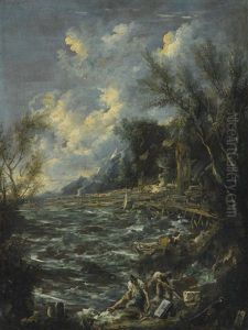 A Mediterranean Coastal Landscape With Choppy Waters And Figures On The Shore In The Foreground