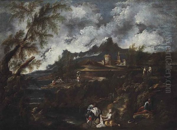 A Wooded Landscape With Washerwomen, Travellers And Other Figures On A Shore - view 1