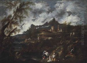 A Wooded Landscape With Washerwomen, Travellers And Other Figures On A Shore by Antonio Francesco Peruzzini