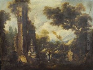 Landschaft Mit Ruinen Und Figuren Um Einen Brunnen by Antonio Francesco Peruzzini