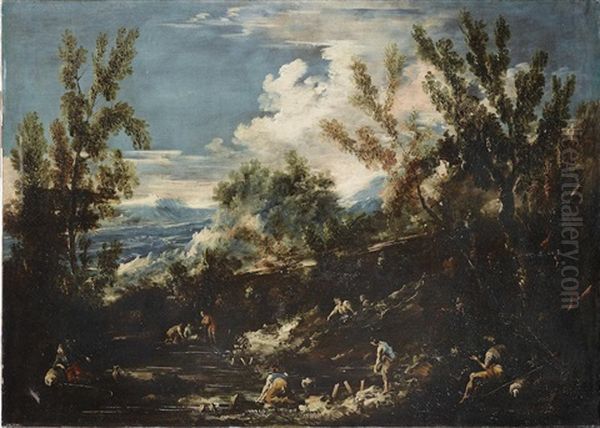 Figures Resting By A River In A Mountainous Landscape - view 1