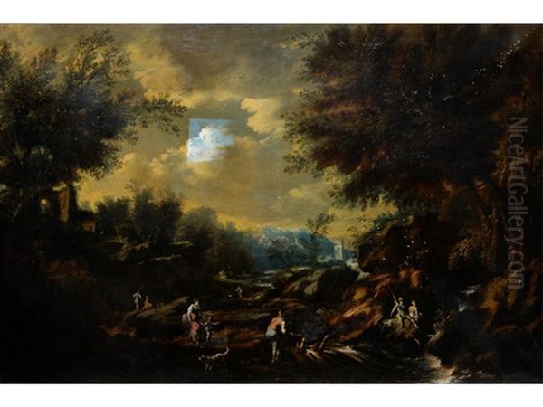 Figures Fishing In A Stream In A Rocky Landscape - view 1