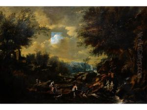 Figures Fishing In A Stream In A Rocky Landscape by Antonio Francesco Peruzzini