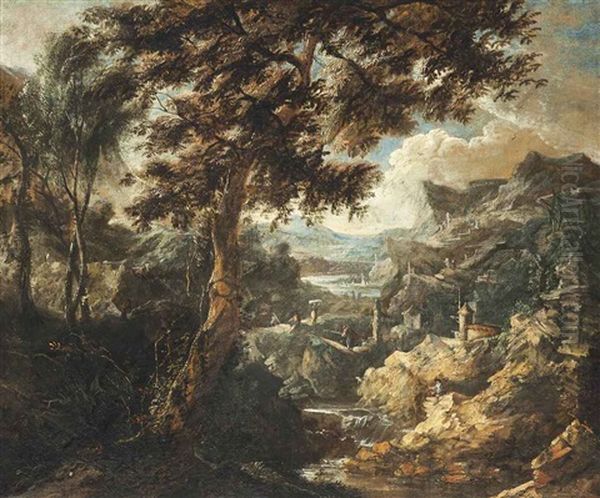 A Wooded Mountainous Landscape With Anglers And Travellers Beside A River - view 1