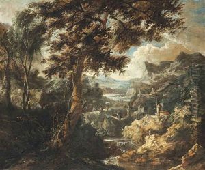 A Wooded Mountainous Landscape With Anglers And Travellers Beside A River by Antonio Francesco Peruzzini