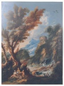 Paysage Italien Anime De Personnages Pres D'une Petite Cascade Et Paysage Italien Anime De Voyageurs Se Reposant Pres D'une Clairiere, Un Village Au Loin (2 Works) by Antonio Francesco Peruzzini