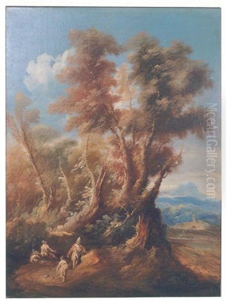 Paysage Italien Anime De Personnages Pres D'une Petite Cascade Et Paysage Italien Anime De Voyageurs Se Reposant Pres D'une Clairiere, Un Village Au Loin (2 Works) - view 1