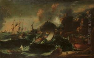Bateaux Sur Une Mer Agitee (pair) by Antonio Francesco Peruzzini