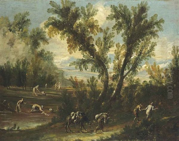 A Wooded Landscape With Travellers On A Track And Washerwomen By A Stream - view 1