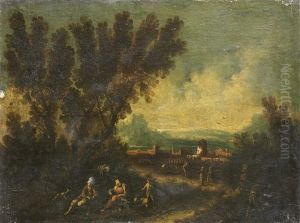 Figures Resting In A Landscape With A Walled Town In The Distance