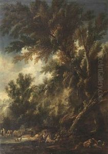 A Wooded Landscape With Travellers And Washer Women Near A Stream by Antonio Francesco Peruzzini