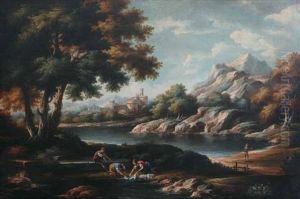 Paesaggio Fluviale Con Lavandaie In Primo Piano E Borgo Turrito In Lontananza