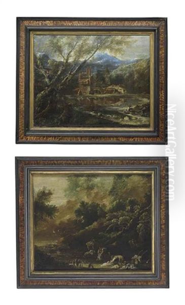 A Wooded Landscape With Washerwomen By A Stream, Mountains Beyond (+ A Wooded River Landscape With Figures On A Track, A Farm And Mountains Beyond; Pair) - view 1
