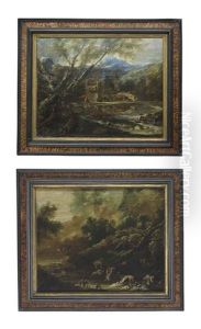 A Wooded Landscape With Washerwomen By A Stream, Mountains Beyond (+ A Wooded River Landscape With Figures On A Track, A Farm And Mountains Beyond; Pair) by Antonio Francesco Peruzzini