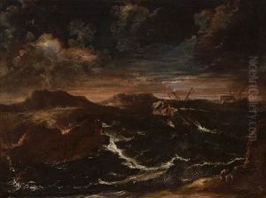 Shipwreck In Stormy Seas With A Town Beyond